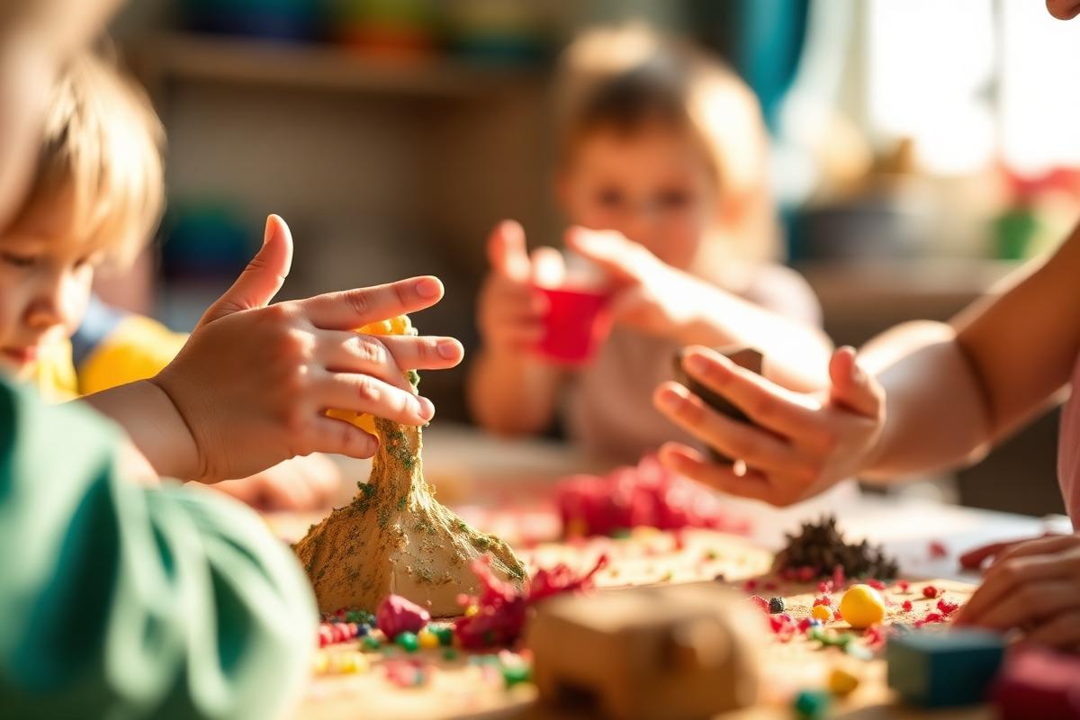 Children's hands sculpting colorful clay together in golden afternoon light.