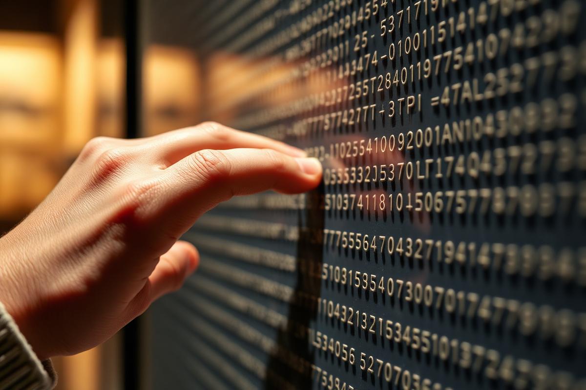 A hand reading raised tactile text on a museum exhibit panel in warm light.