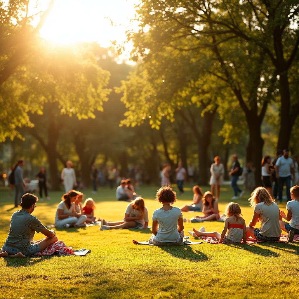 Families gathered together on a sunlit park lawn under golden afternoon light.