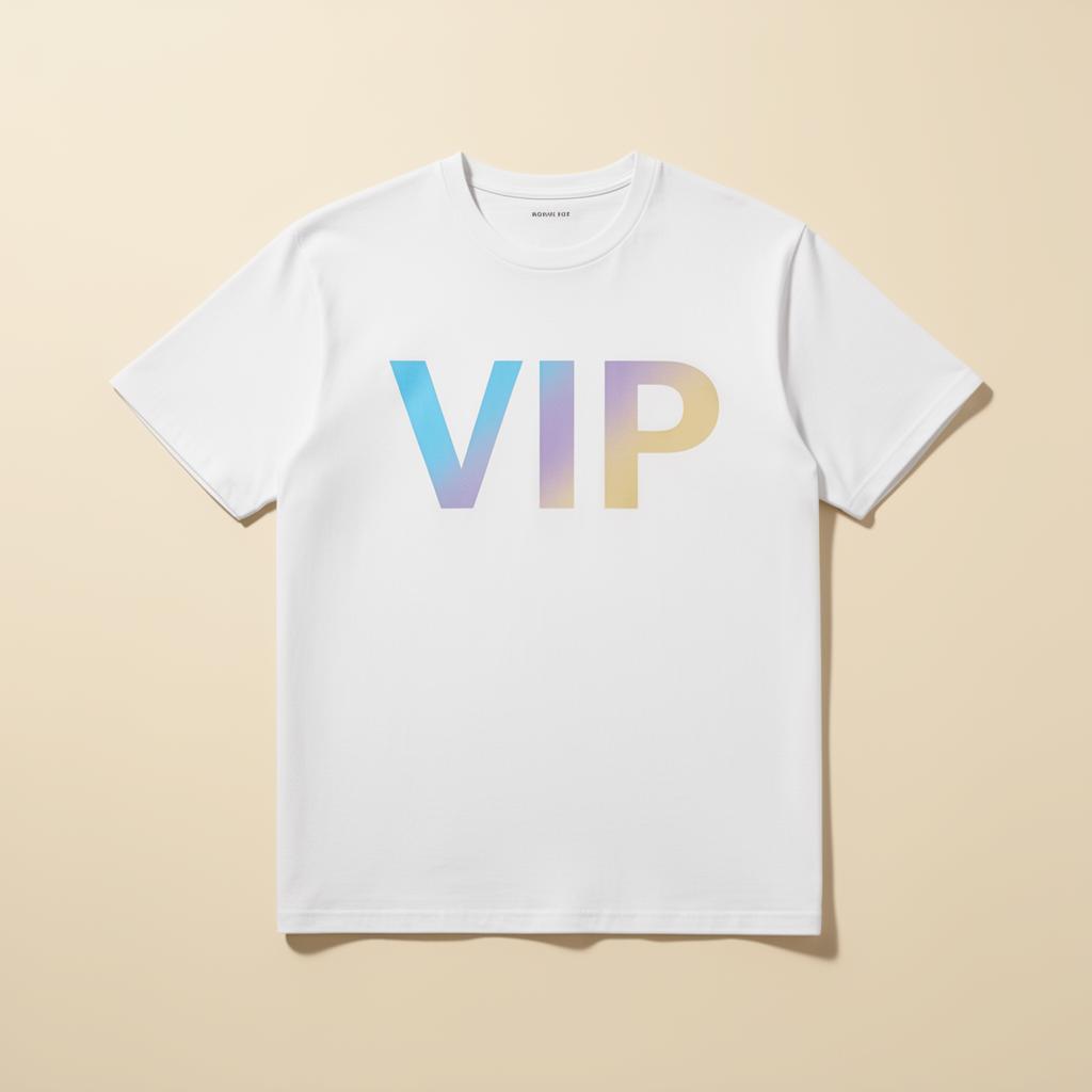 A premium white t-shirt with the letters VIP in a soft rainbow gradient across the chest.