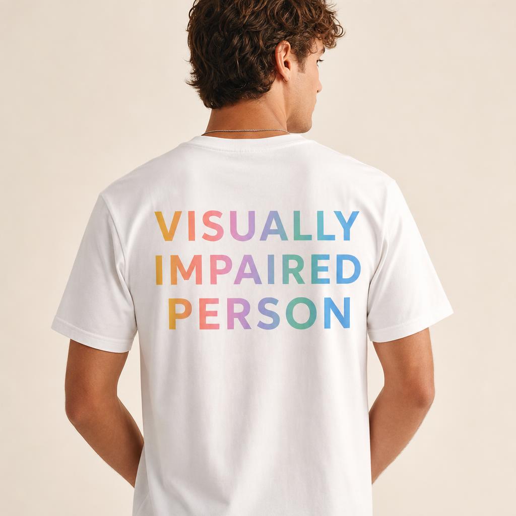 Back of the same white t-shirt with VISUALLY IMPAIRED PERSON in flowing rainbow light trails across the shoulders.